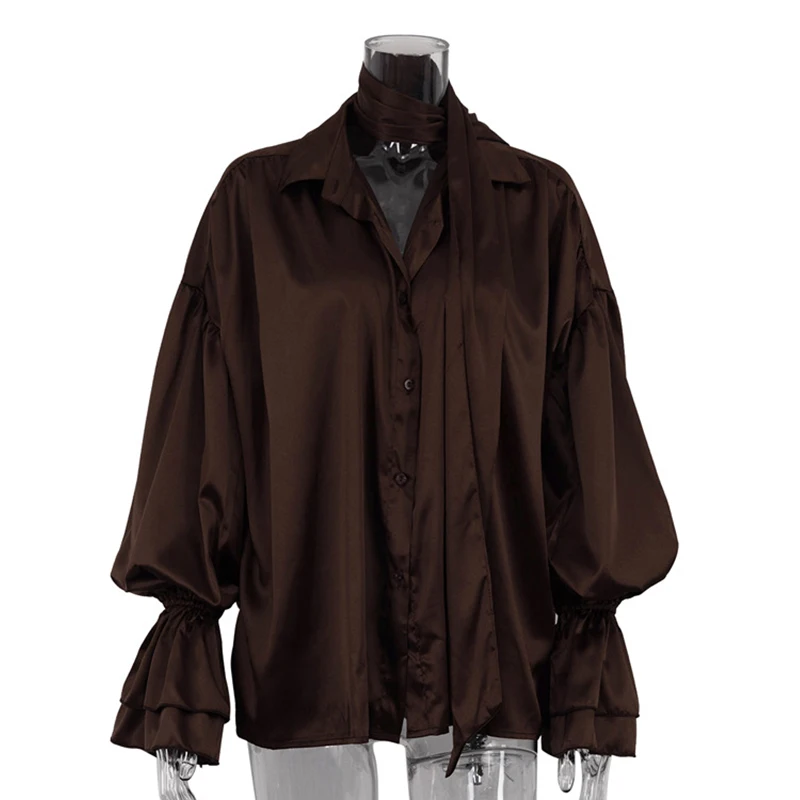 Tornova وشاح مضيئة كم قميص نسائي فضفاض التلبيب الساتان مكتب سيدة واحدة الصدر البلوزات بلون الصيف عادية جديد #6