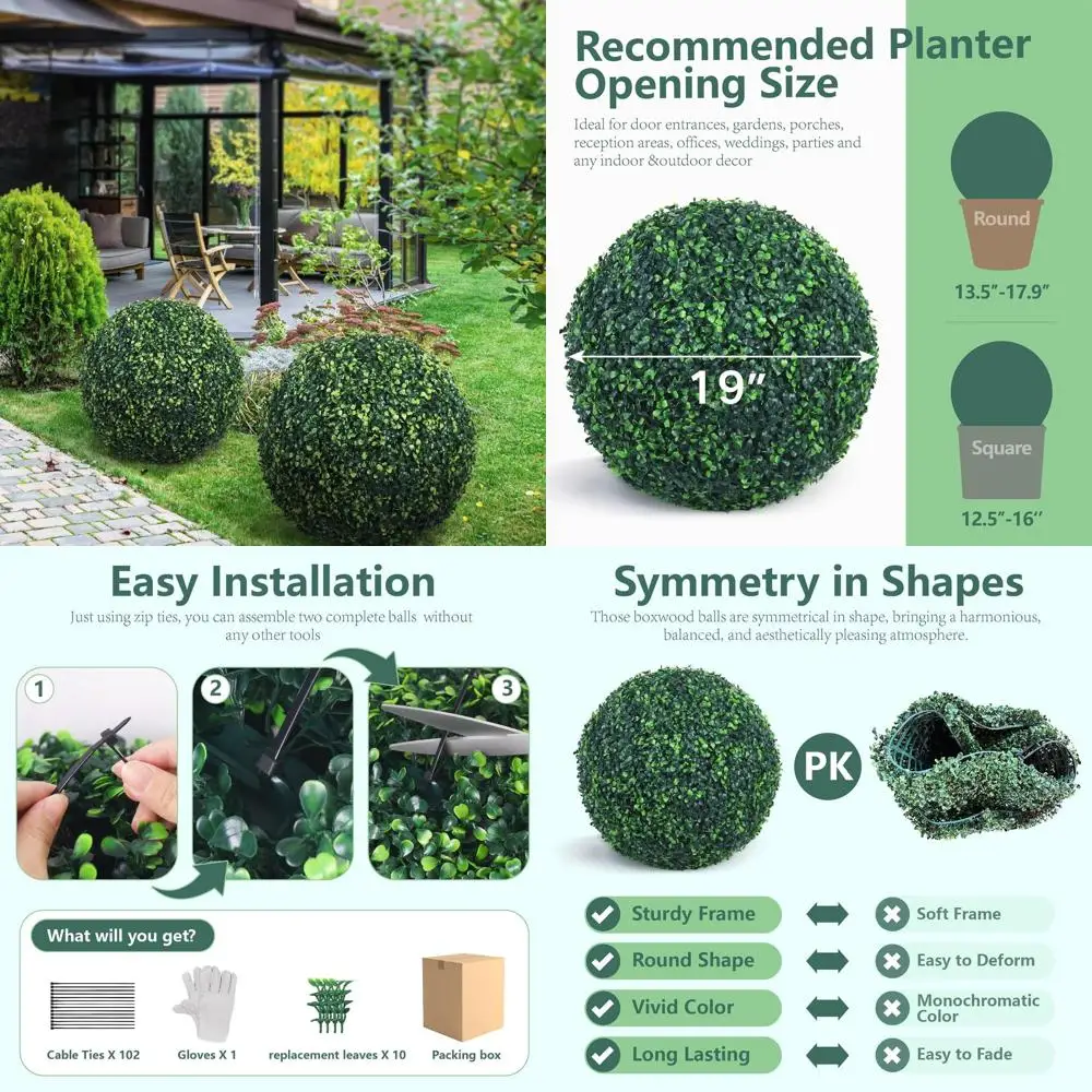 

19 Inch 2-Piece Artificial Boxwood Topiary Balls, UV-Protected, 4-Layer Greenery for Indoor & Outdoor Use, Suitable for Garden,
