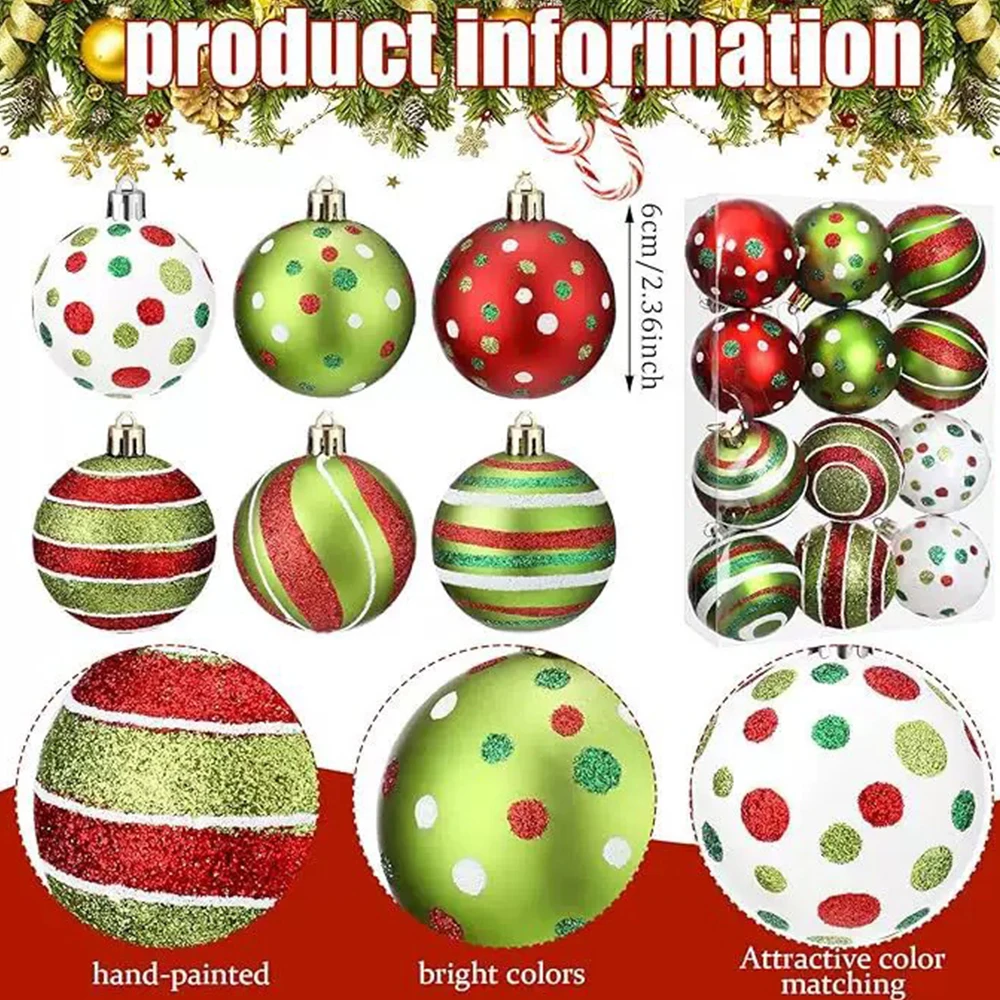 12 Christmas Ball Decorations 6.16 cm Shiny Hanging Christmas Balls for Tree Decoration Red Green Plastic Christmas Decorations view 2