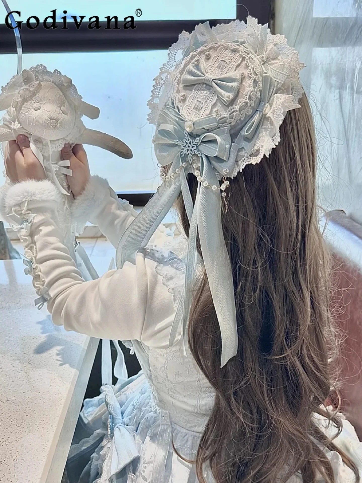 

Японская оригинальная рождественская заколка в стиле Лолиты с голубым кружевным бантом, маленькая шляпа, милая девушка, ледяной синий коль, серия, аксессуар для волос в виде торта