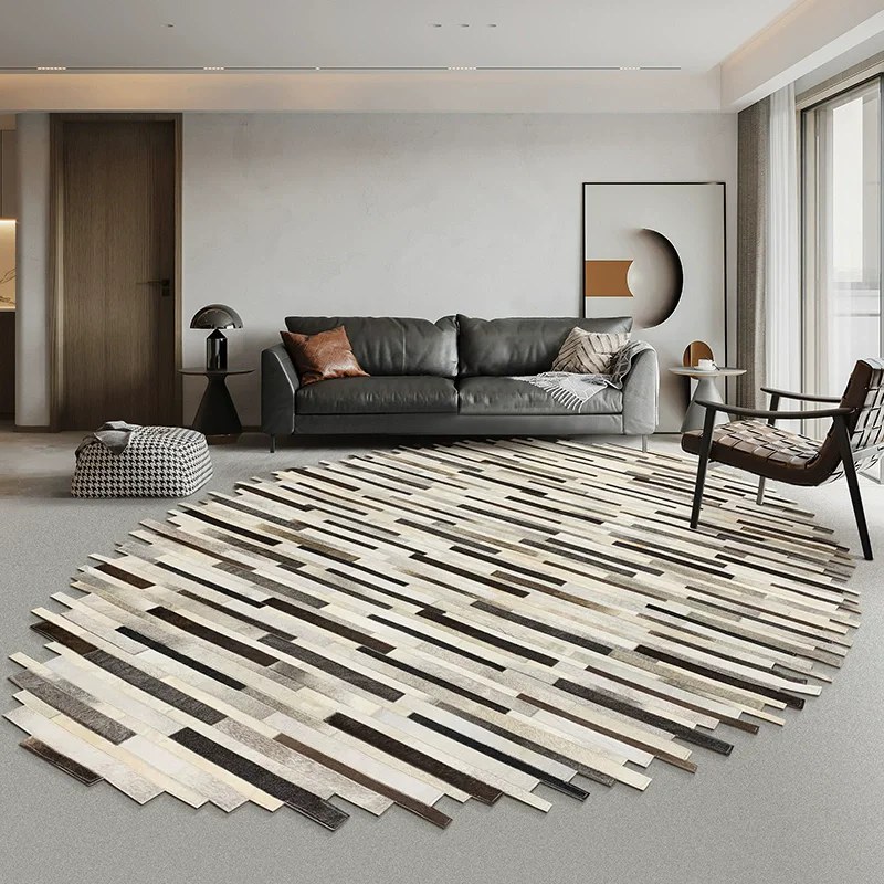 Geometric Oval Cowhide Carpet For Living Room Manual Splicing Ellipse Rugs For Bedroom Villa Home Sofa Coffee Table Floor Mat