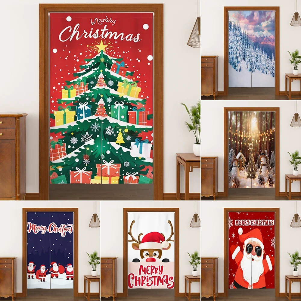 Christmas Tree Print Holiday Door Curtain Japanese Door Curtain Noren Kitchen Partition Restaurant Entrance Hanging Half Curtain
