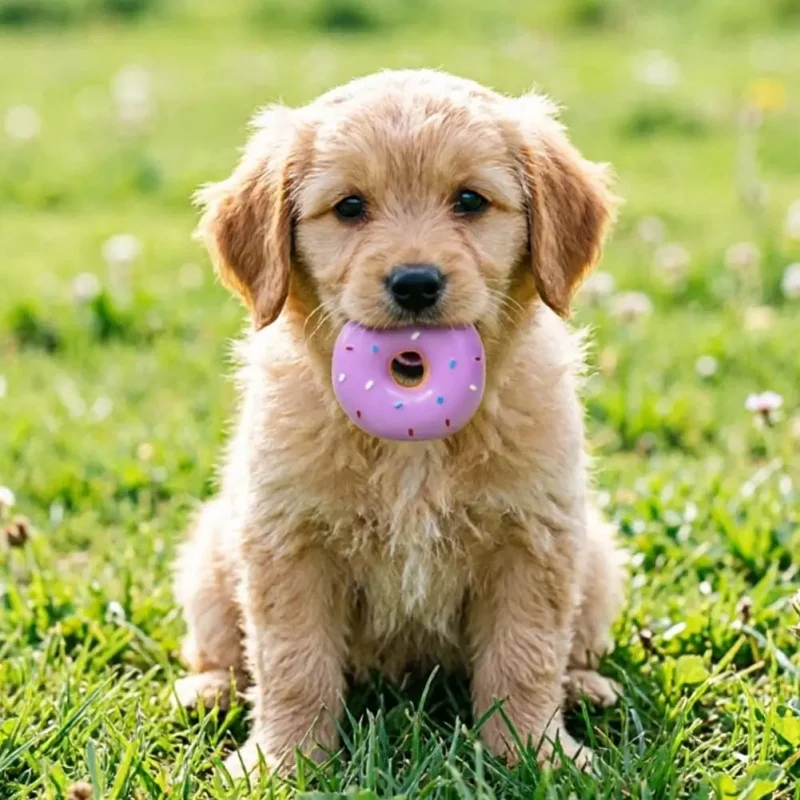 Dog Donut Squeaky Chew Toy Durable Puppy Teething Toy for Small Dogs Interactive Teeth Cleaning Pet Toy