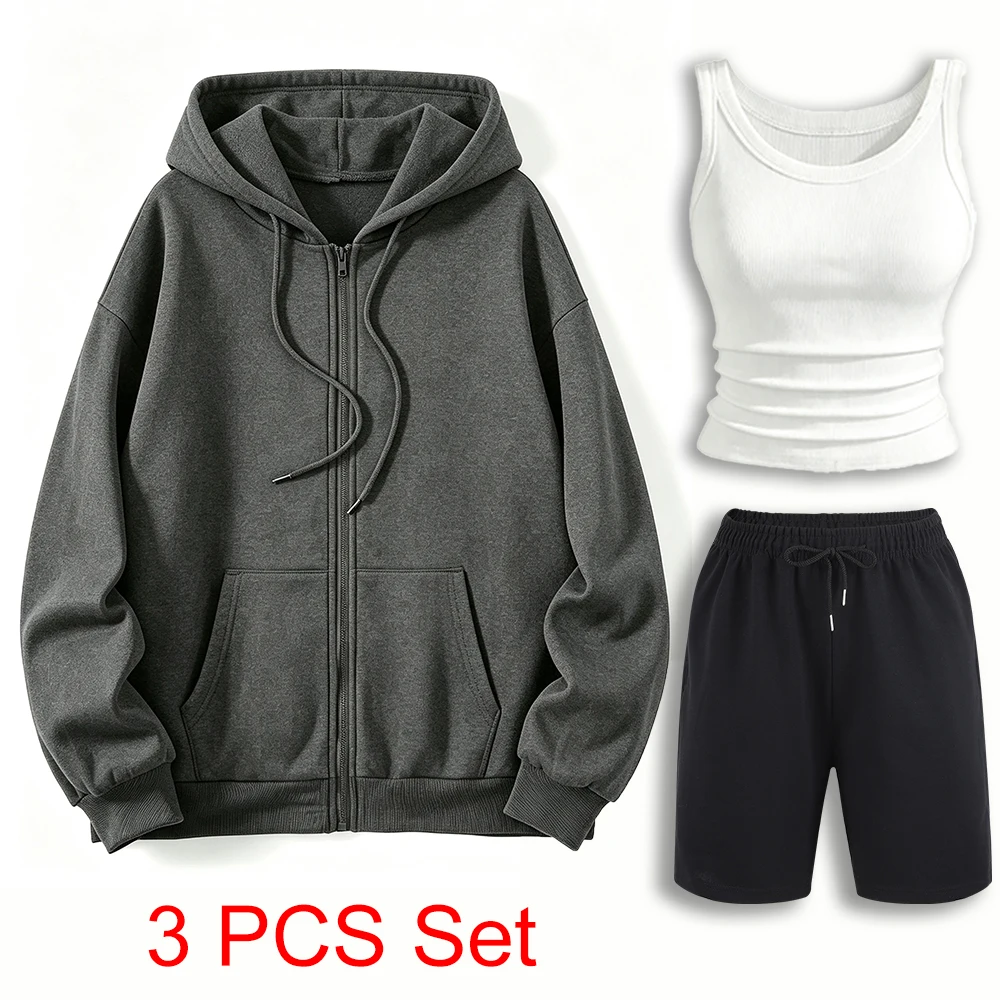 3PCS Sports Running Y2K Solid Color Autumn Women's Tracksuit Suit Korean Zipper Hoodie Wide-Leg Shorts Outdoor Crewneck Camisole
