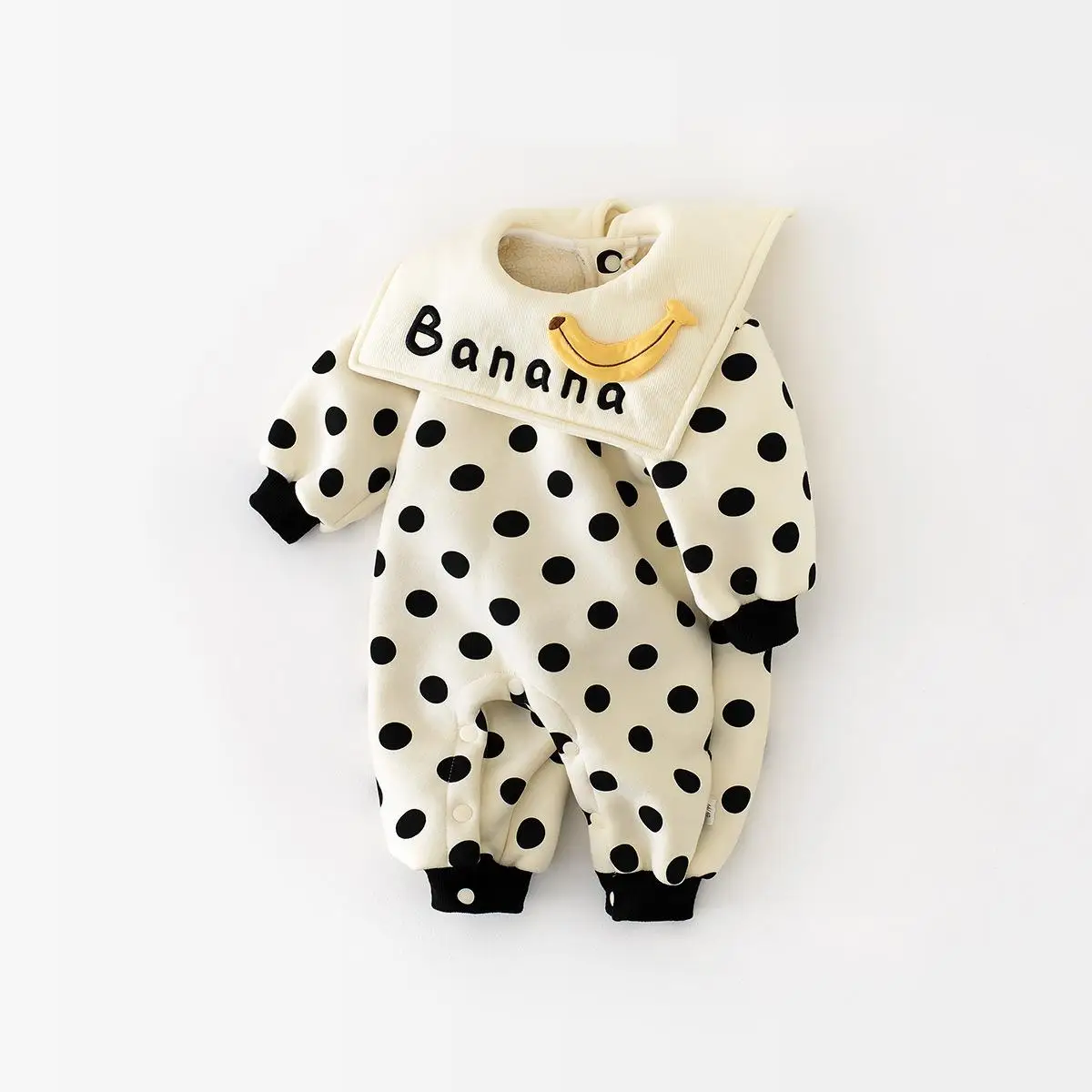 Infant Girl Dot Print Lapel Jumpsuit Plus Velvet Thick Toddler Cotton Warm Clothes 0-24M 2025 Winter New Baby Fleece Romper