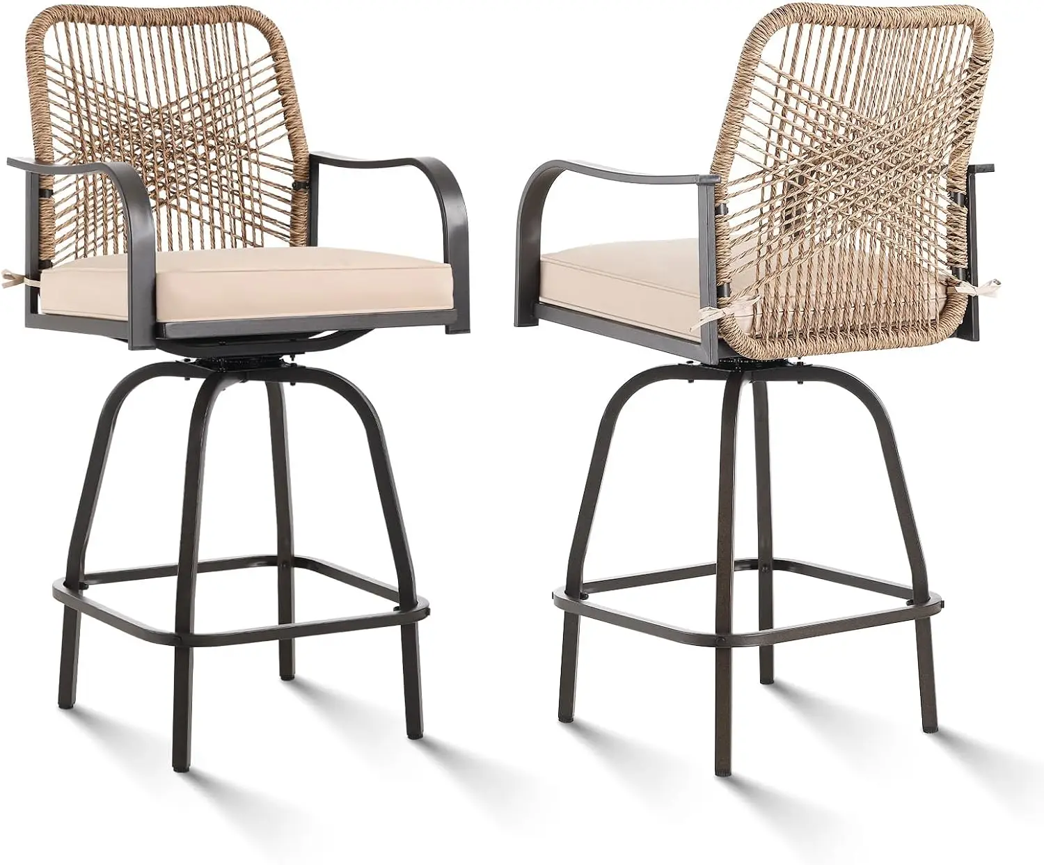 Swivel Outdoor Bar Stools Set of 2, Wicker Patio Chair,Beige, 28” in | High Top counters,360° swivel,All-Weather Cushion,Metal F