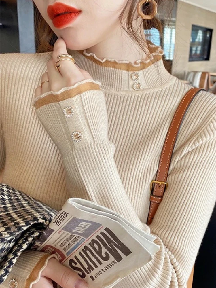 

2025 Knitted Women Sweater O-neck Button Pullovers Autumn Winter Basic Sweaters for Female Pullover Slim Solid Bold Lace Tops