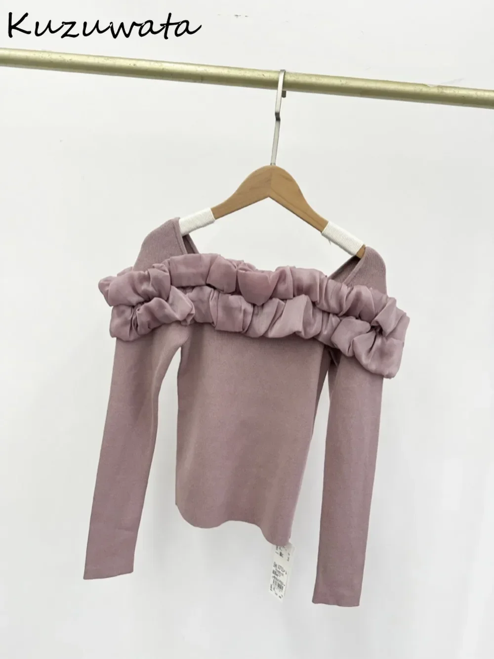 Kuzuwata Temperament Slash Neck Long Sleeve Sweaters Off Shoulder Elegant Ruffles Patchwork Jumper Japan Knit New Moda Pullovers