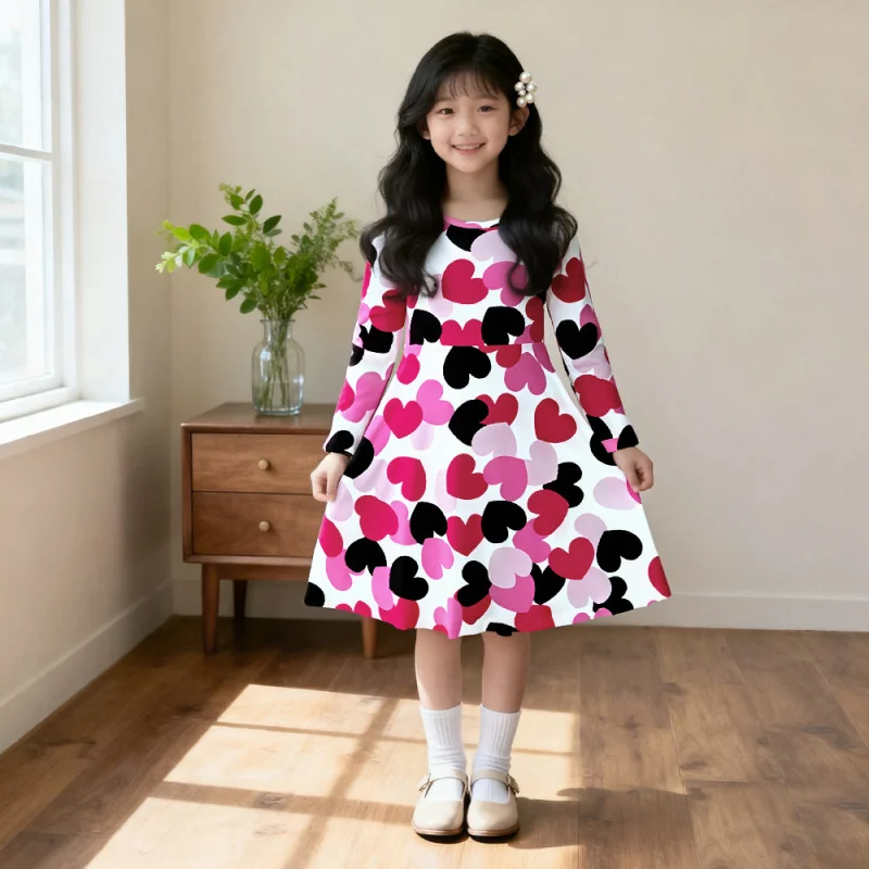 2025 Girls' colorful heart-shaped pattern printed long-sleeved dress, cross-border hot-selling children's dress