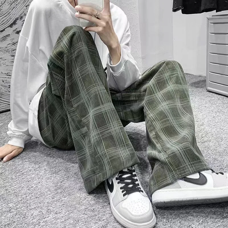 2024 Autumn Corduroy Pants Men Casual Plaid Straight Pant Male Hip Hop Male Loose Trousers for Man