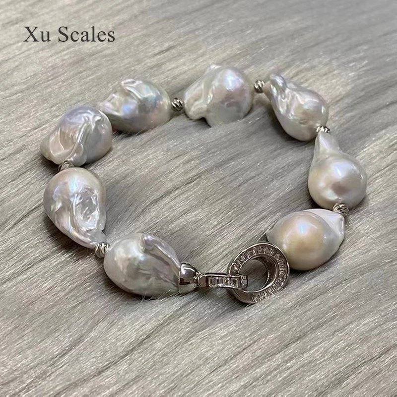 S925 Sterling Silver 100% Natural Freshwater White 15-25mm Super Baroque Pearl Bracelet Fashion Luxury Air Women\'s Jewelry Gift