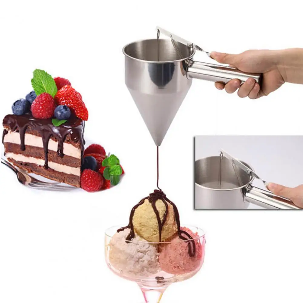 Stainless Steel Funnel Pancake Batter Syrup Dispenser with Squeeze Handle Food-Grade Pancake Maker for Waffles Cupcakes Donuts