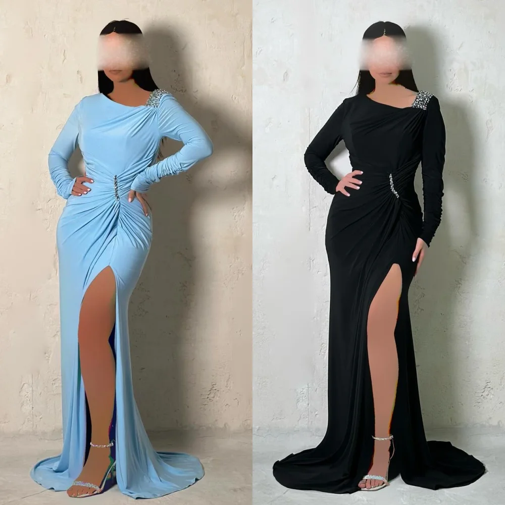 

Customized Prom Yipeisha Retro Asymmetrical One-Shoulder Mermaid Evening Dresses Rhinestone Chiffon New Year Women Blue Dress