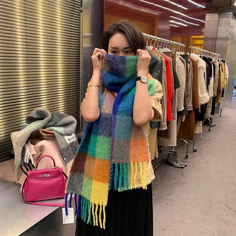 Women Men Colorful Plaid Wool Blend Scarf Warm Winter Fringed Shawl Soft Mohair Alpaca Style Nordic Fashion Wrap