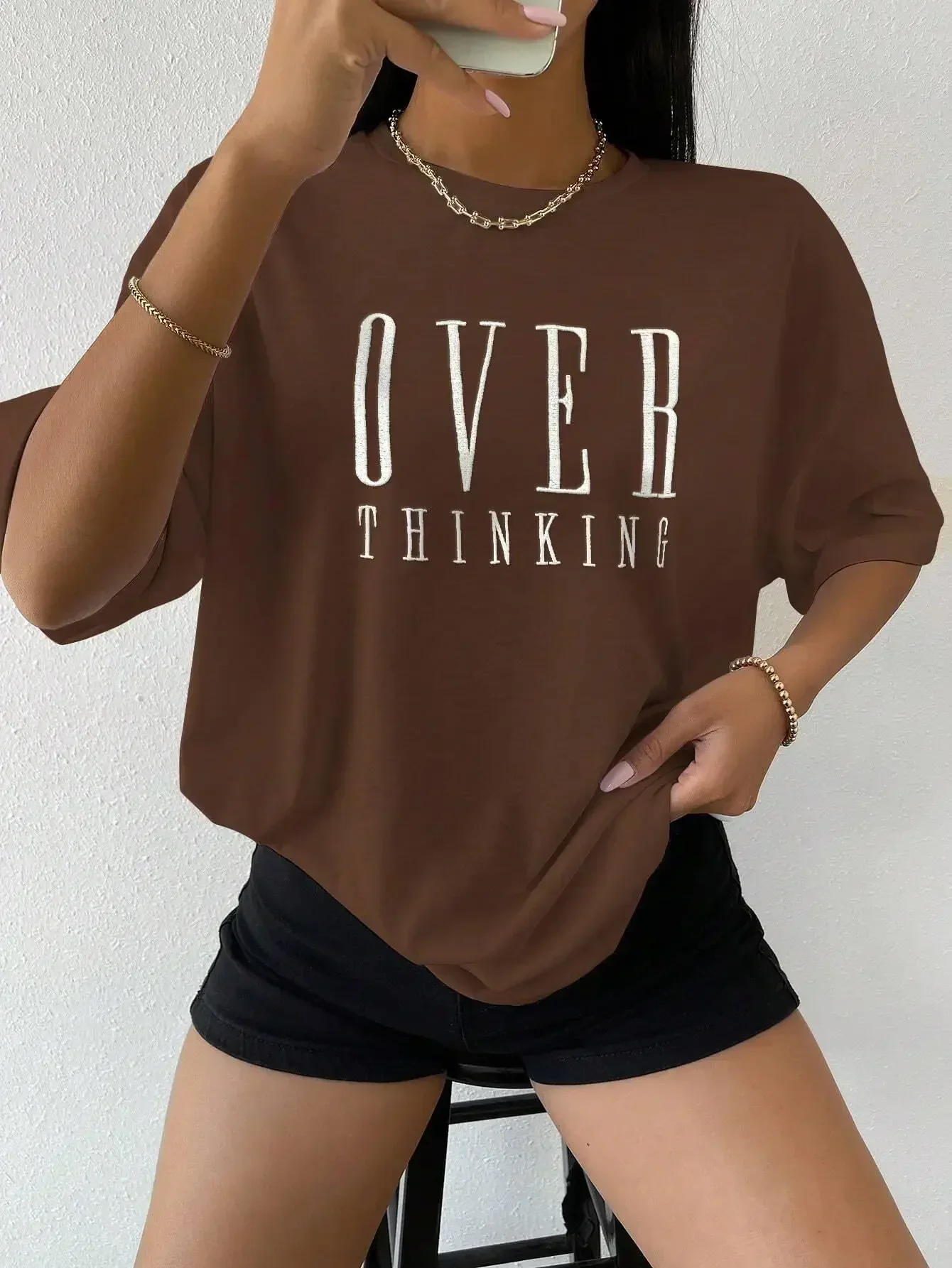 Over Thinking Letter Print Women Cotton Short Sleeve Breathable Vintage O-Neck Tops All-math Casual T-Shirts Female Tee Clothing