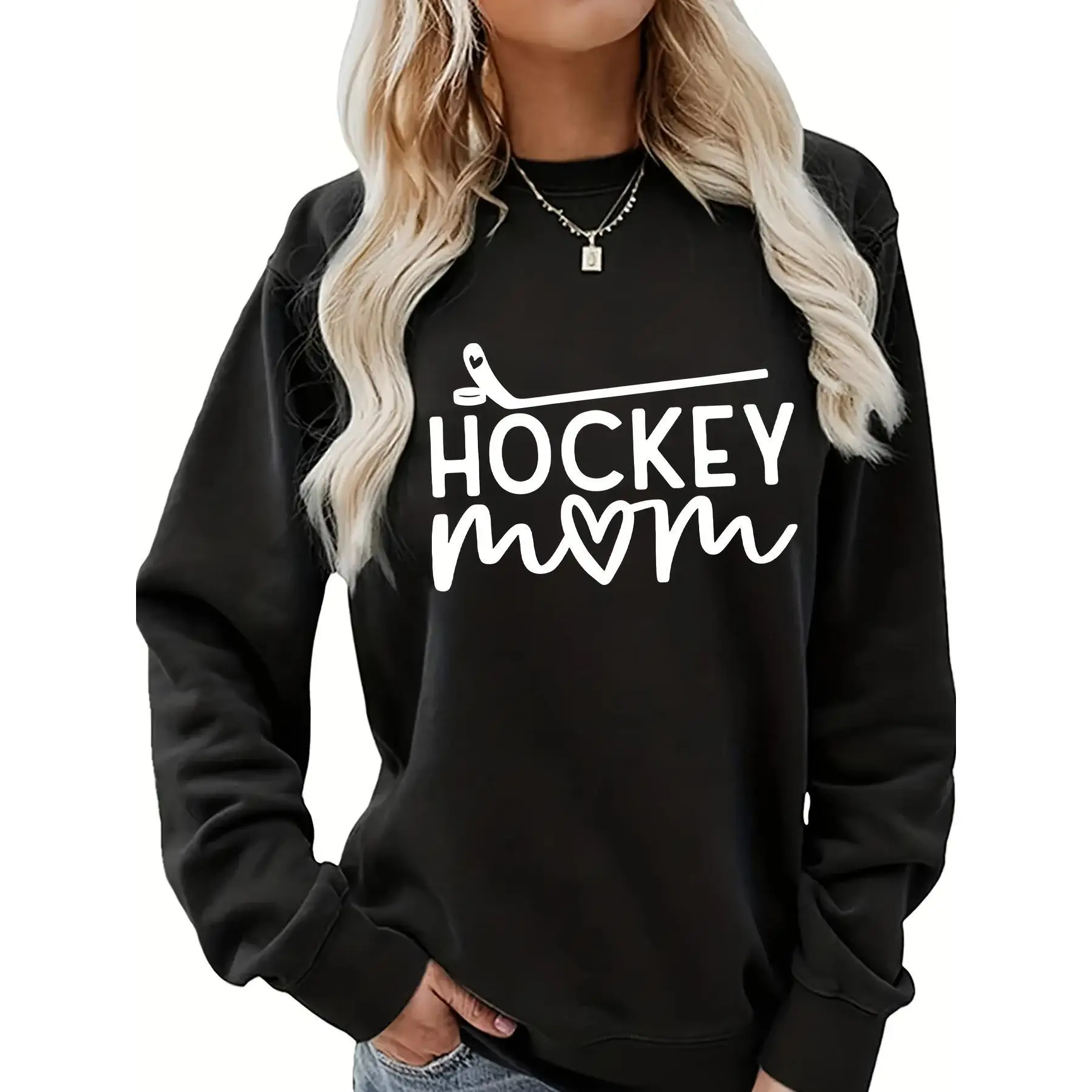 

Hockey Mom Sweatshirt Women's Funny Crewneck Jumper Pullover Graphic Slogan Tops for Sports Game Season Winter