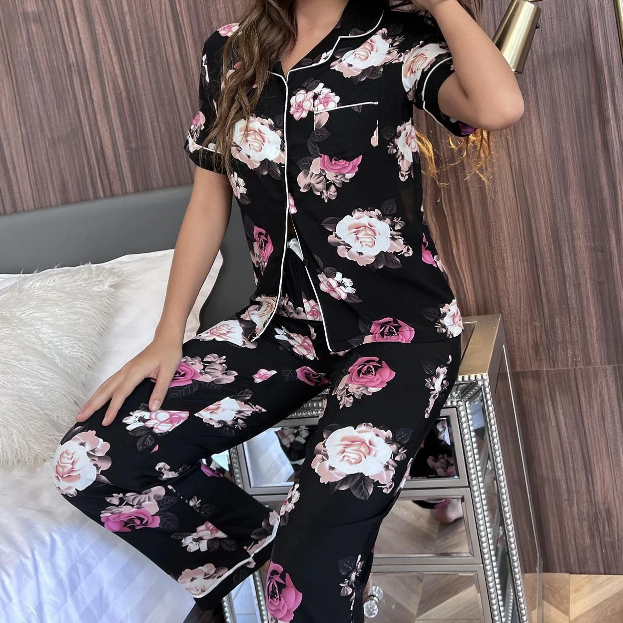 

flower crop Pajama sets print women mujer conjuntos pijamas conjunto pyjama pijama femme ensembles feminino sleepwear pyjamas