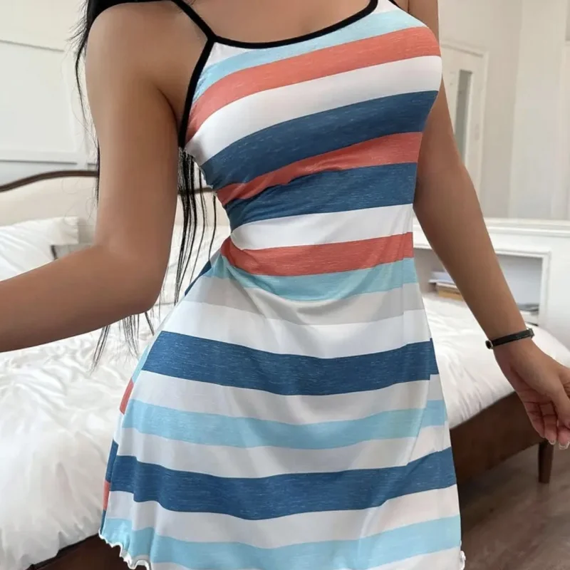 Women's Striped Sleep Dress summer thin sleeveless sleepwear women's suspender mini dress casual slim fit comfortable home wear