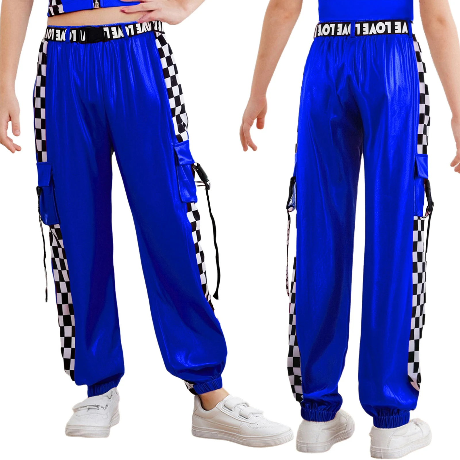 Traje de baile de Jazz para niñas, pantalones a cuadros con cintura elástica y acabado brillante y cinturón desmontable para clases de baile callejero de Hip Hop