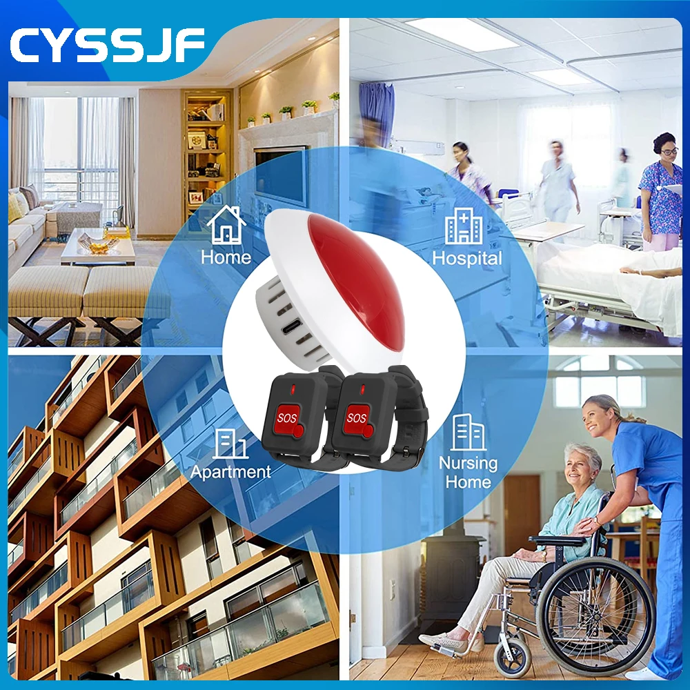 Wireless Emergency Medical Alert Light System 1 Siren 2 Watch SOS Call Buttons for Elderly Disabled Toilet Alarm Help Notice Kit