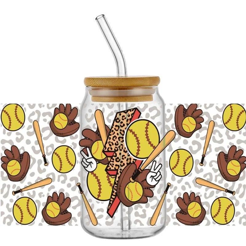 Softball Series 16oz UV DTF Cup Wrap Transfers Stickers Softball etichette personalizzate Logo impermeabile durevole per Libbey Glass Can