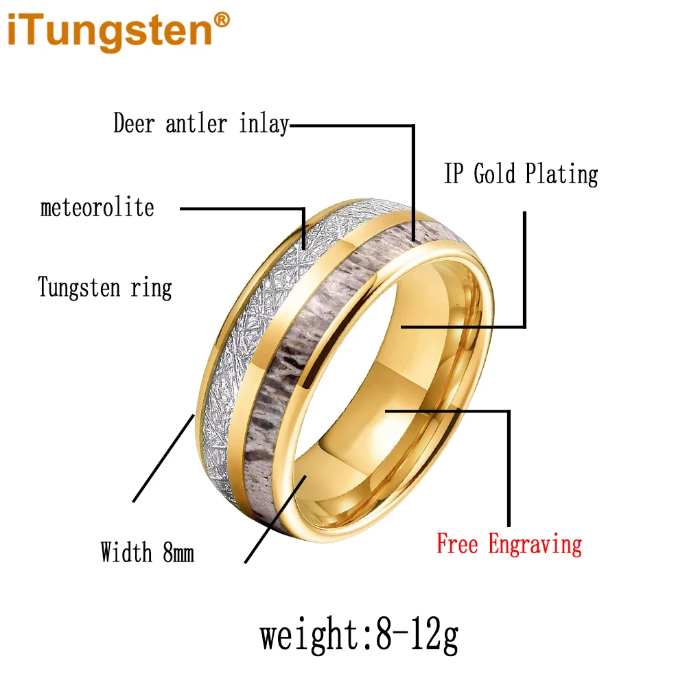 Itungsten 6/8mm Deer Antler And Meteorolite Inlay Tungsten Carbide Wedding Ring for Men Women Polished Bevel Edges Comfort Fit