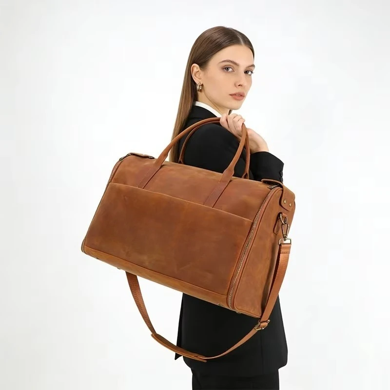 Large Capacity Leather Travel Luggage Weekend Overnight Bag Fitness Bag Strap Shoulder Strap Carry-on Luggage