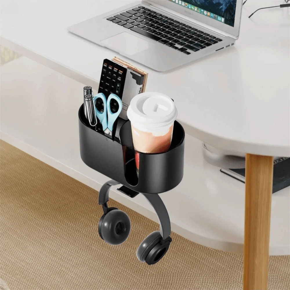 Aluminum Alloy Desk Cup Holder Clamp Design ABS Plastic Clip-on Cup Holder Organizer Multi-Functional Black 2 in 1 Desk Storage