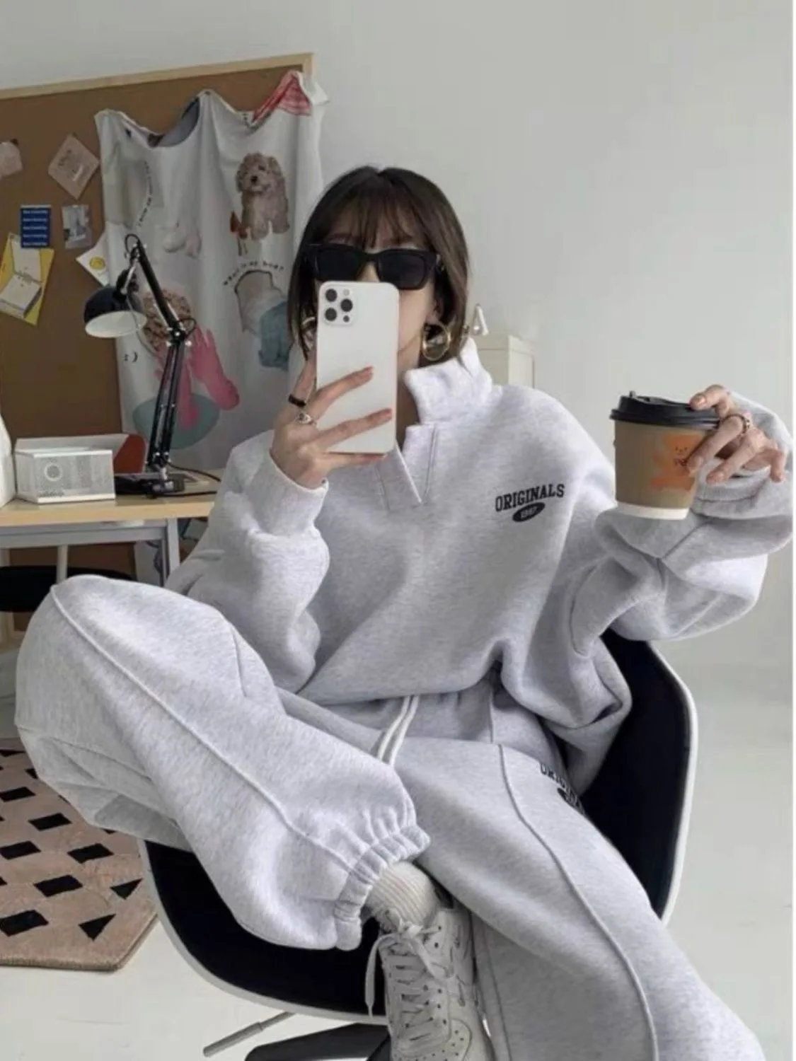 Korean Women Pants Set Solid Tops Half High Collar Hoodies Sweatshirt Print Loose Sweatpants Fashion Tracksuit Female 2pcs Set