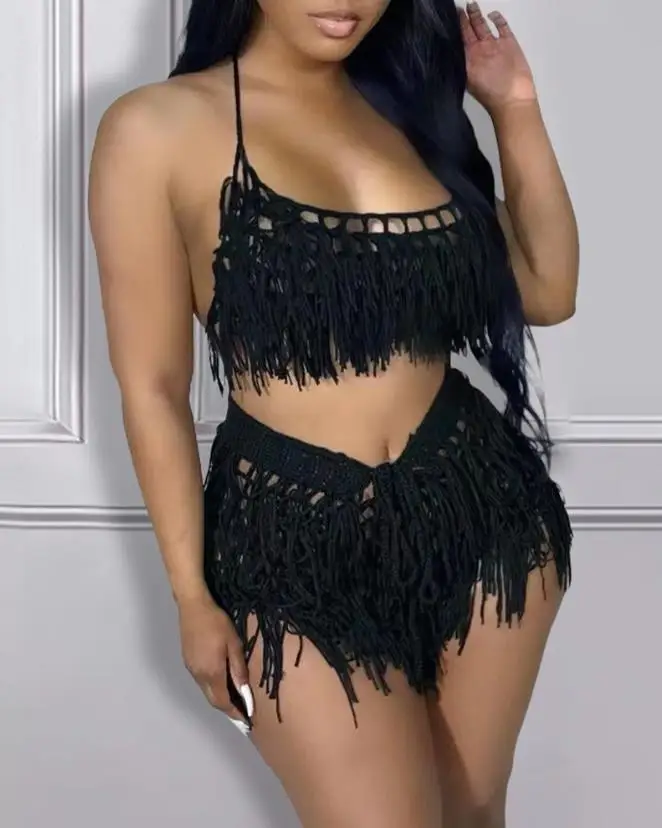 Two Piece Set Women Outfit 2024 Summer Sexy Spaghetti Strap Backless Crop Crochet Top & Tassel Design Beach Vacation Shorts Set