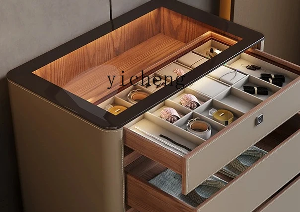 

XL1 Saddle Leather Bedroom Chest Multifunctional Solid Wood Fingerprint Lock Jewelry Display Storage Cabinet