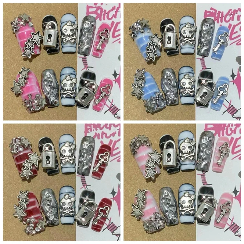 

Handmade Y2K Stars Skull Press On Nail Short Square Acrylic Coffin Fake Nail With Glue Full Cover False Nails Tips Reusable Gift