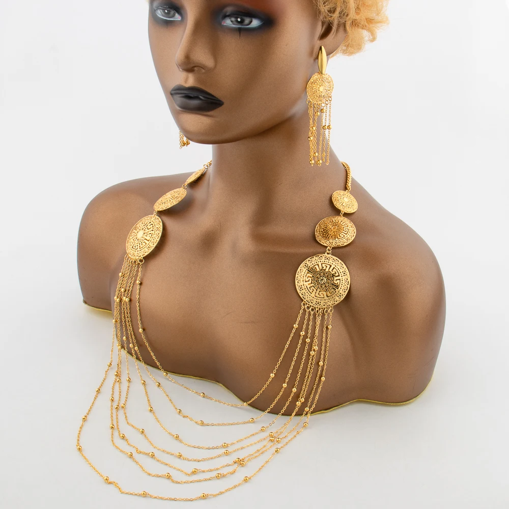 

Dubai African Gold Color Jewelry Set for Women Lady Elegant Chain Hoop Earrings Long Tassels Necklace Ring Christmas Party Gift