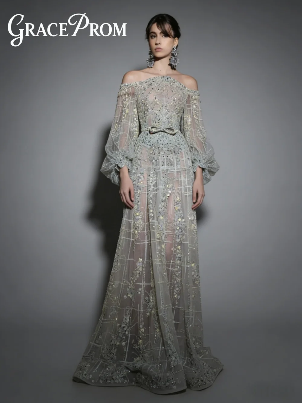 

Luxurious Beaded A Line Evening Dress 2026 Romantic Off Shoulder Puff Sleeve Sheer Floor Length Gown Formal Red Carpet Dress ف