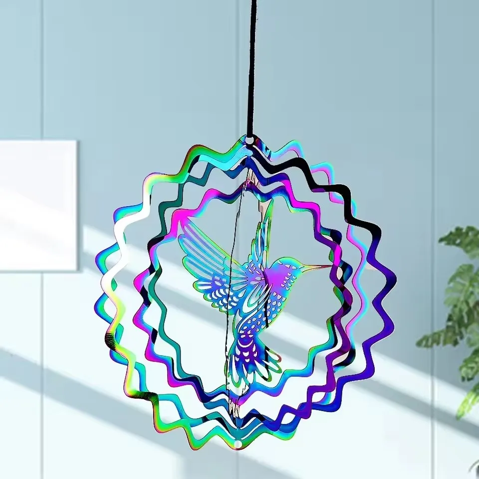 8pcs 3.9inch Colorful Wind Spinner 3D Whirligig Stainless Steel Bird Wind Chimes Catcher Illusion