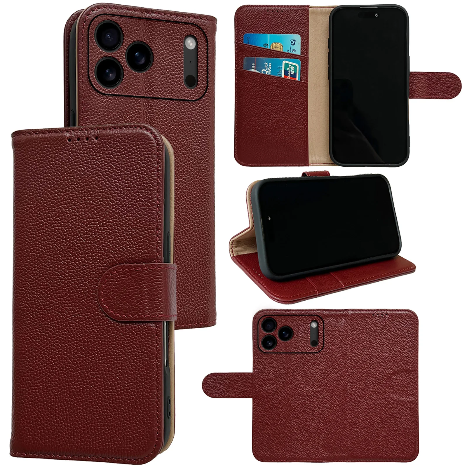 

For iPhone 17 Pro Max Air Case Delicated Lychee Pattern Cash Pocket Card Holder Lens Protection Flip Cover