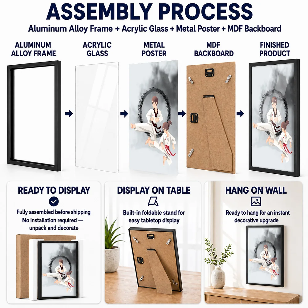 Taekwondo Sport Metal Poster With Aluminum Alloy Frame Personalized Photo Energetic Action Style Wall Art For Gym MMA Fan Gift