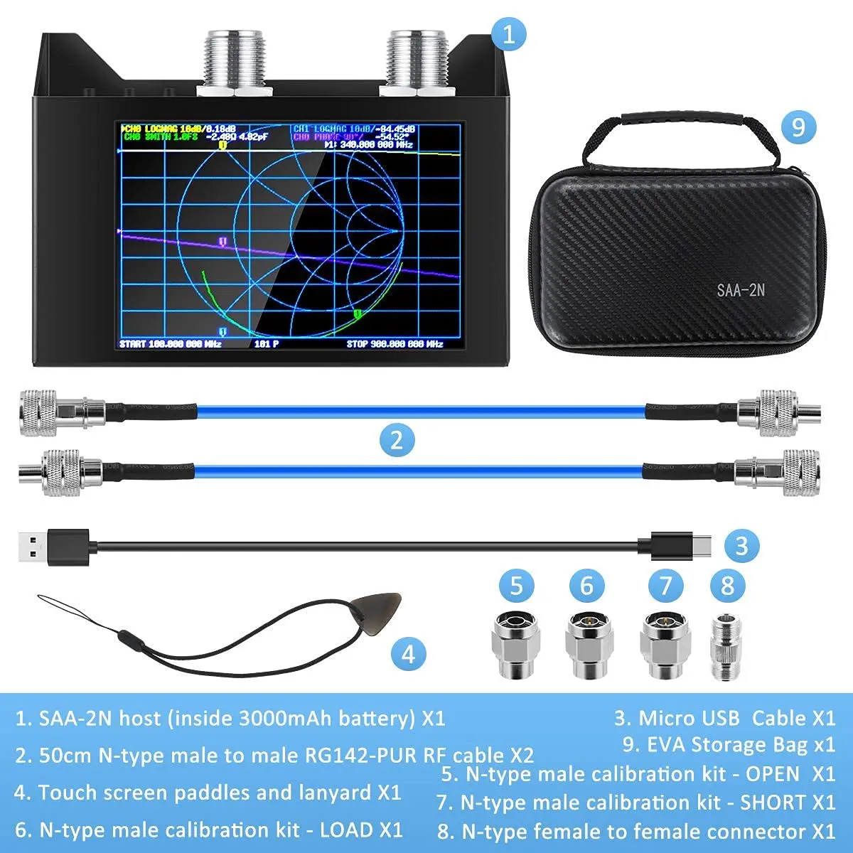 NanoVNA SAA-2N V2.2 Vector Network Analyzer 50KHz-3GHz HF VHF UHF Antenna Analyzer Measured S-Parameters Duplexer Phase