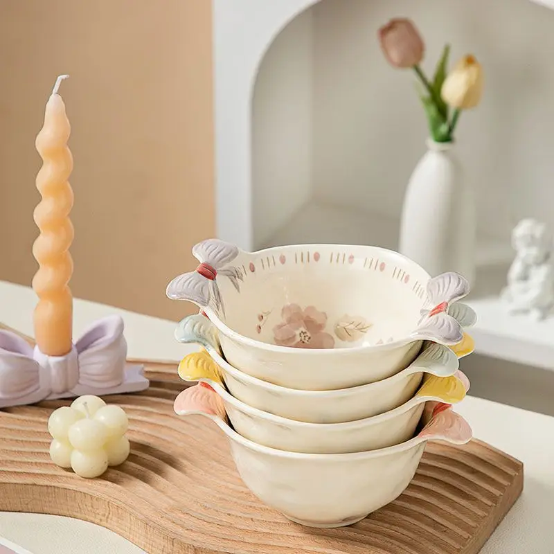 Cream Colored Flower Double Ear Ceramic Bowl Heat-resistant Underglaze Color Salad Dessert Bowl Household Kitchen Utensils