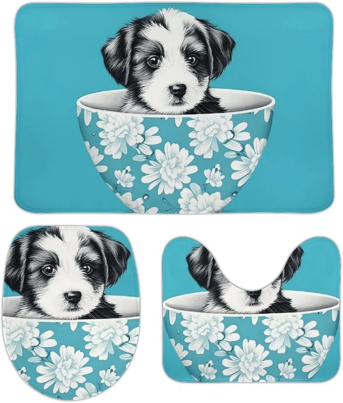 3 Piece Bath Rug Set Non Slip Absorbent Bath Mat Contour Mat with Toilet Lid Cover Puppy in Cup Soft Floor Mats for Bathroom