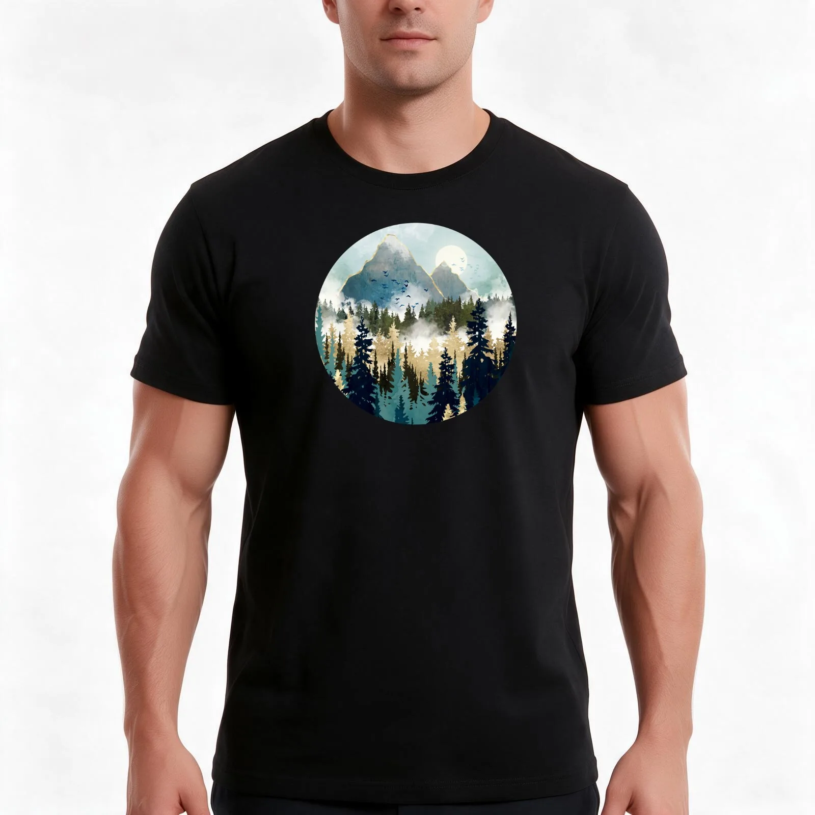 Misty Pines T-Shirt, Summer Casual Cotton Tee, Oversized Streetwear Tops, Vintage Graphic Print, Loose Fit Short Sleeve