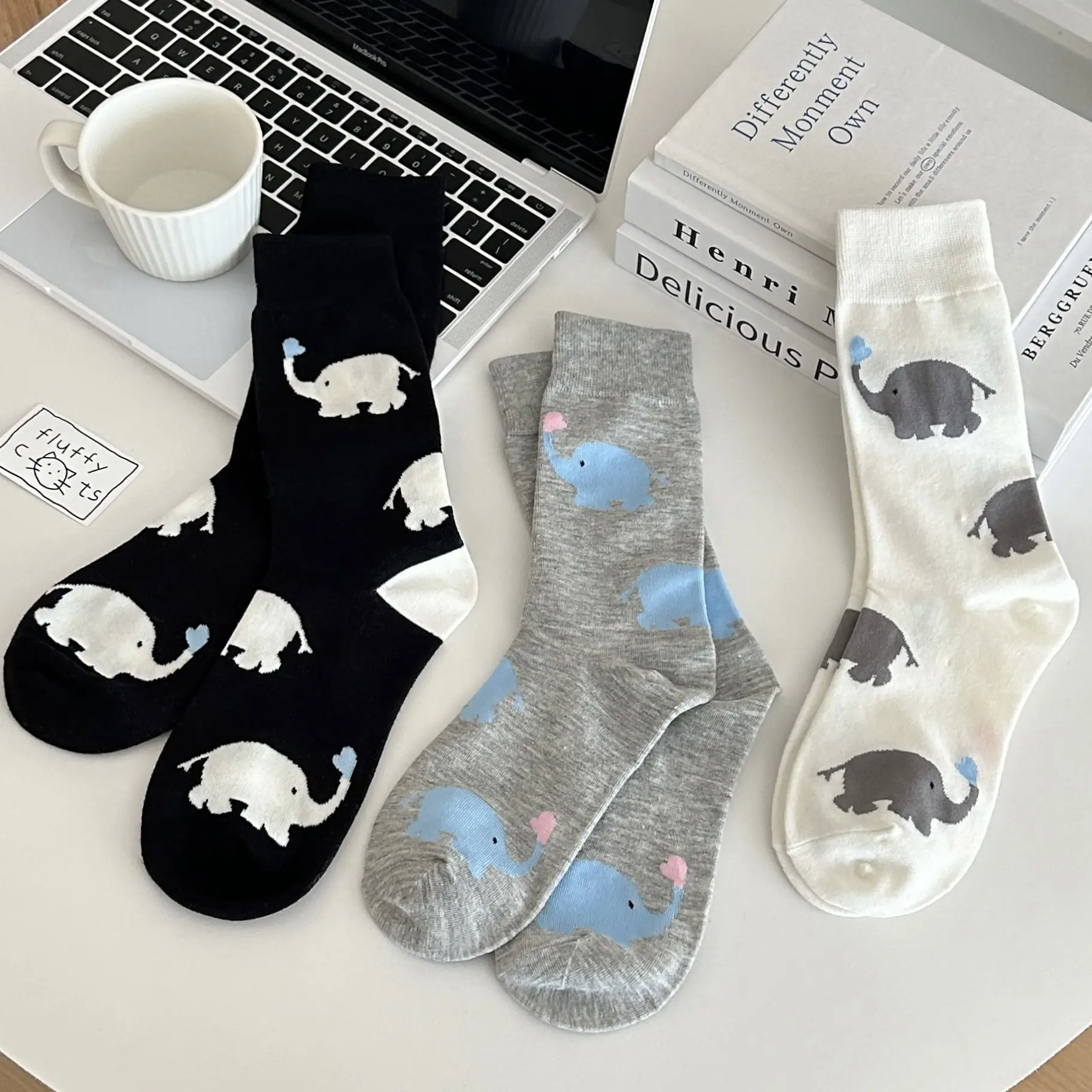 Cotton Socks Splicing Contrasting Colors Cartoon Cute Baby Elephant Socks Women's Stacked Medium Tube Socks