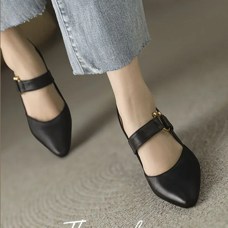 High Heels Women\'s Shoes Pointed Toe Sandals for Woman Block Heel Buckles Footwear One Word Leather Summer 2024 Vintage Trend H