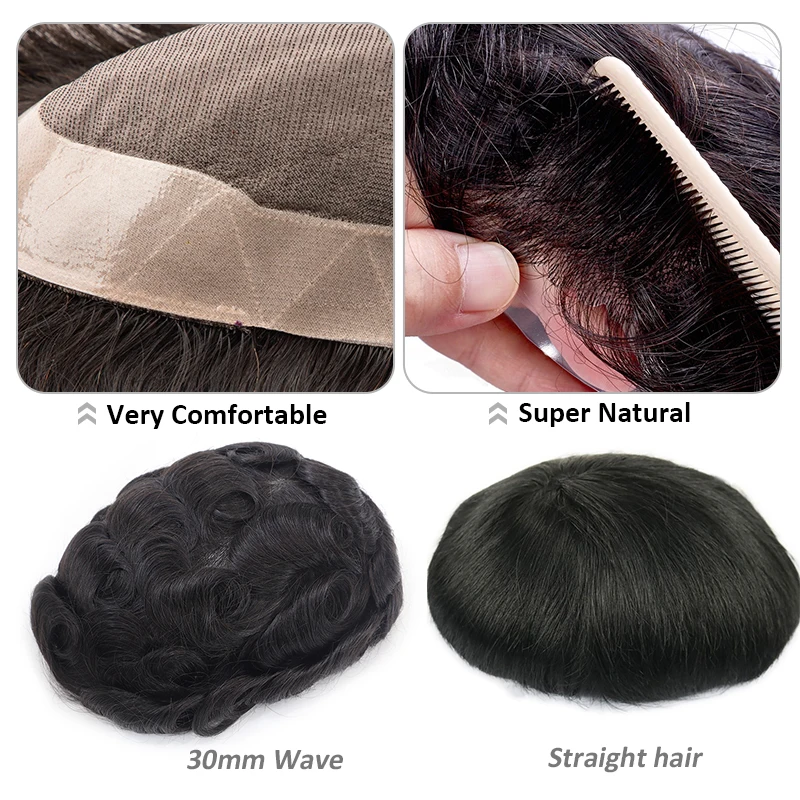 Männliche Echthaarprothesen Mono NPU Männer Toupet Indisches Echthaar Perücken Gerade Welle Haarteil 4mm Welle Afro Lockiges Haar System