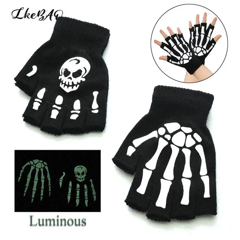 

1Pair Novelty Unisex Mittens Luminous Horror Skull Bone Skeleton Half Gloves Winter Warmer Gloves Fashion Halloween Style Gloves