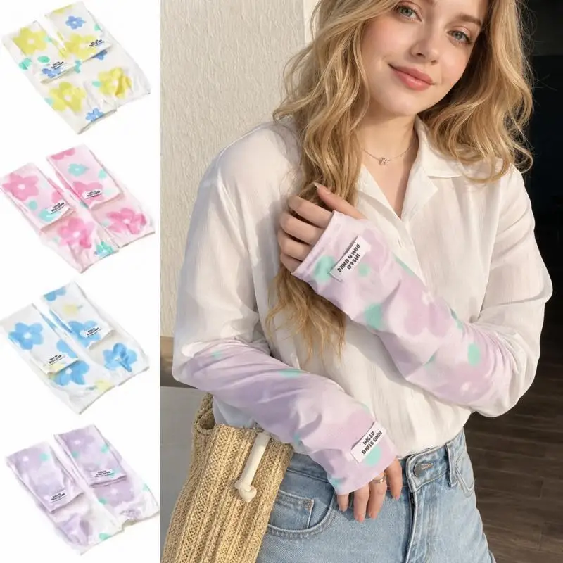 Women's Summer Sun Protection Ice Sleeves, Fashion Floral Print Arm Sleeves with Thumb Holes for Outdoor Wear