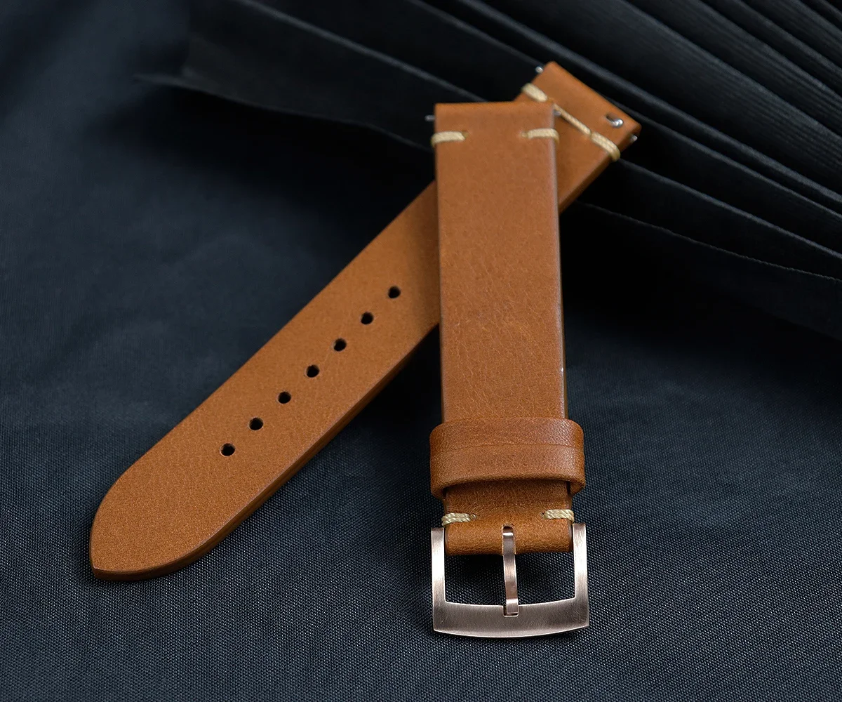 Cronos Genuine Leather Strap for Watch Flat Ends 20mm Bronze Tongue Buckle With Quick Release Spring Bars For L6006