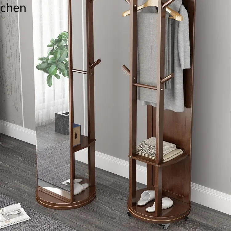 a3 solid wood clothes rack - bedroom floor standing rotating garment rack with mirror