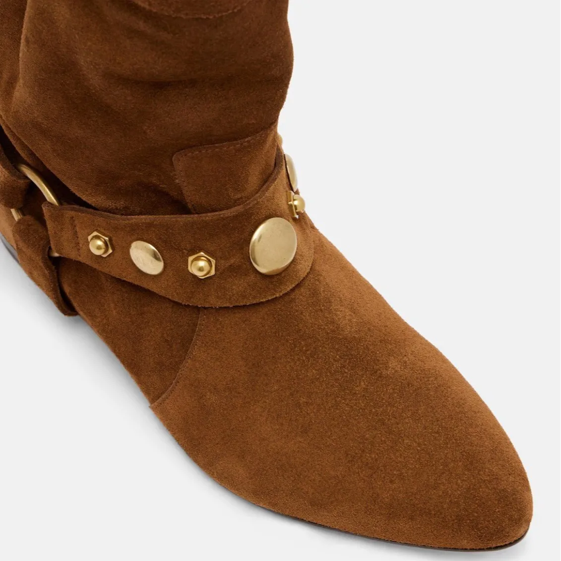 벨트 버클 스웨이드 뾰족한 앞코 숏부츠 야외용 굵은 굽 메탈 버튼 장식 여성용 웨스턴 부츠 보헤미안 스타일 신발