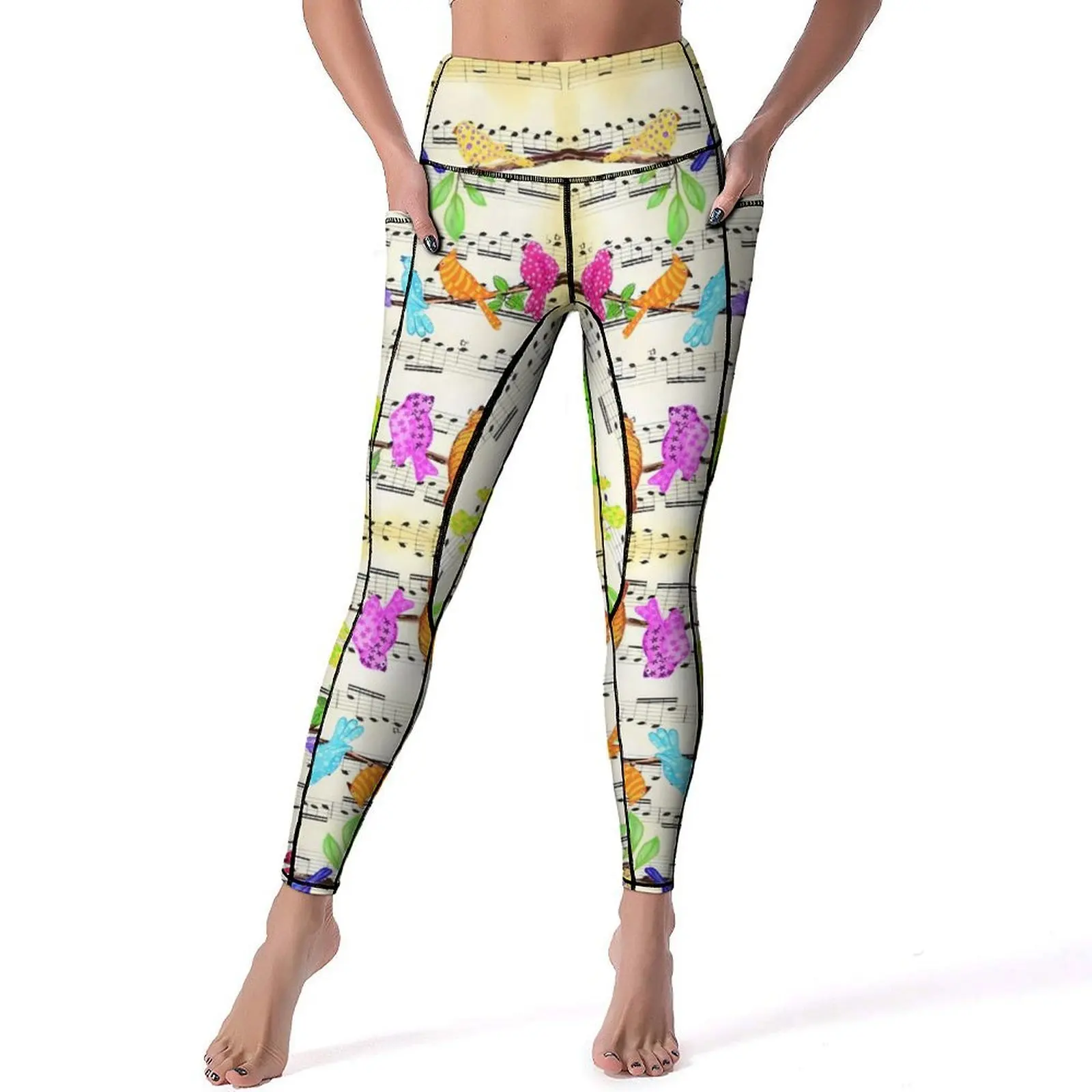 Musical Pássaro Stretchy Yoga Leggings com Bolsos, Calças de Treino, Cintura Alta Sports Meias, Design Novidade, Sexy, Colorido, Animal